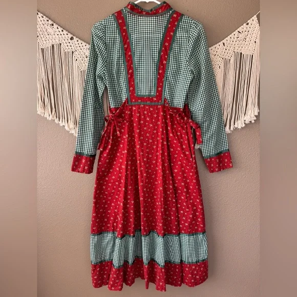 Vintage Gunne Sax Prairie dress Red Green Gingham Floral - Picture 2 of 13